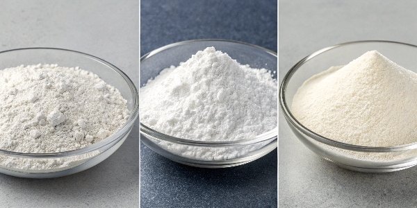 Different Grades of Aluminum Hydroxide Powder A visual comparison of three ATH powders: a coarse grade, a fine grade, and a fine surface-treated grade that flows better