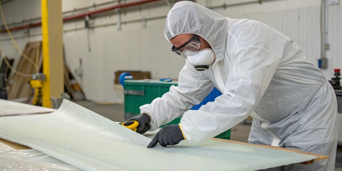 PPE for Handling Fiberglass A worker in full protective gear, including mask, glasses, and gloves, cutting a sheet of fiberglass.