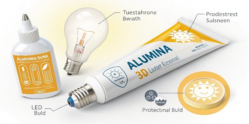Everyday items containing alumina: a tube of toothpaste, an LED bulb, and a sunscreen bottle