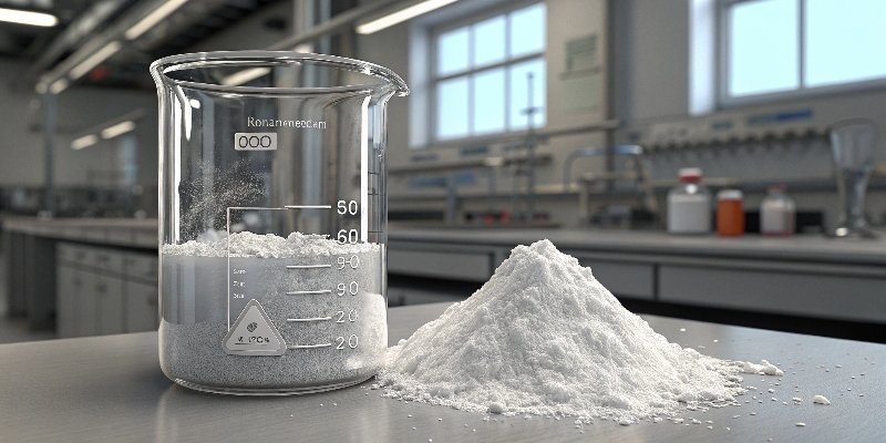 A scientific beaker filled with water, showing white aluminum oxide powder settled at the bottom, not dissolved