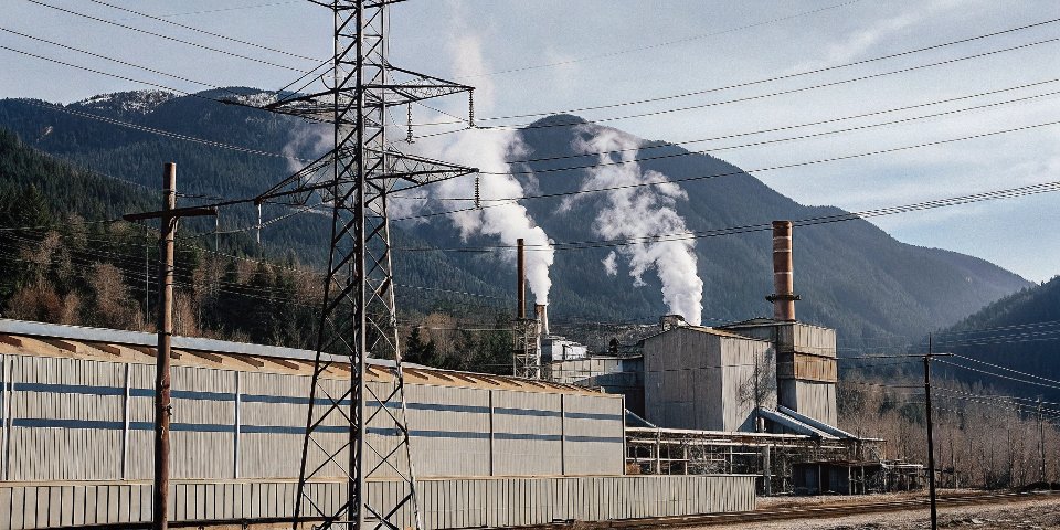 A Canadian aluminum smelter with hydroelectric power lines visible against a mountain backdrop