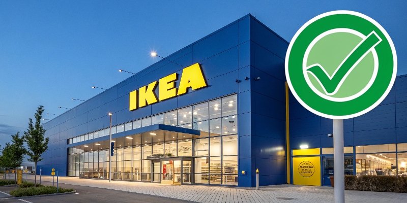 IKEA's Flame Retardant Policy An IKEA storefront with a green checkmark icon overlaid, symbolizing their safer chemical policies