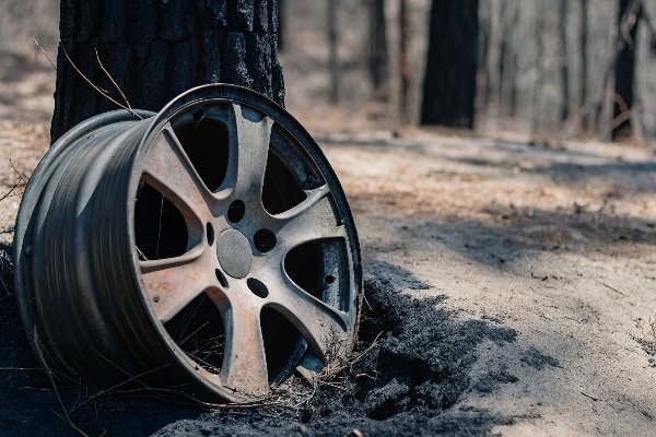 alt with keywords: A melted aluminum wheel rim found in the aftermath of a forest fire