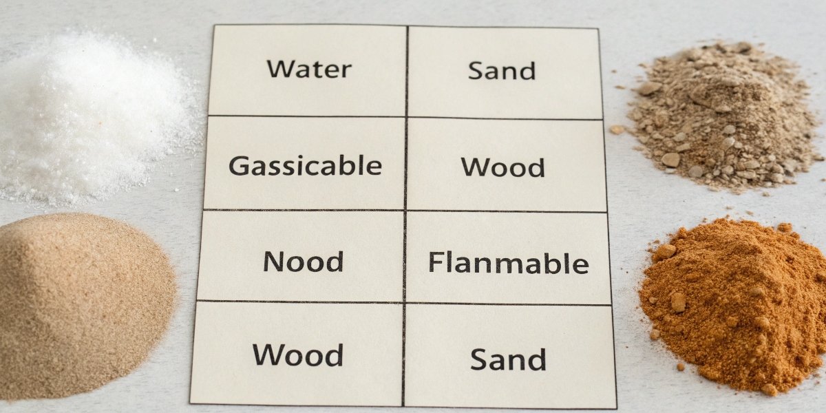 A visual chart classifying different substances (water, sand, wood, gasoline) into 'flammable' and 'non-flammable' categories