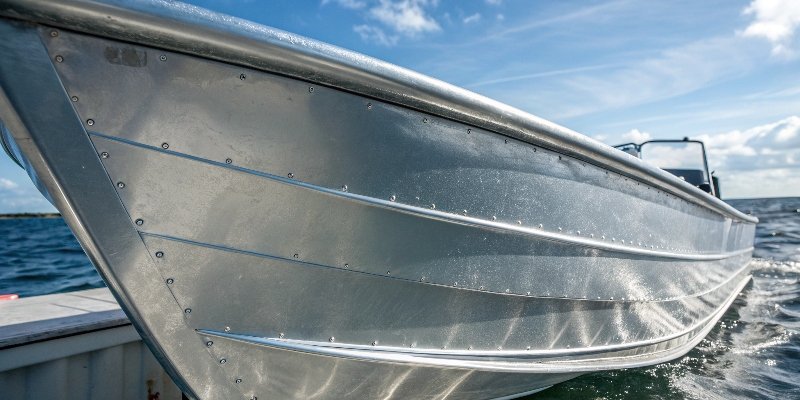 Marine-Grade 5xxx Series Aluminum Alloy A close-up shot of a clean, unpainted aluminum boat hull used in the ocean