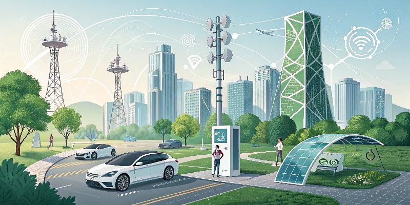 Future Applications for Aluminum Hydroxide An illustration of a futuristic city with EVs, 5G towers, and sustainable buildings, all containing ATH