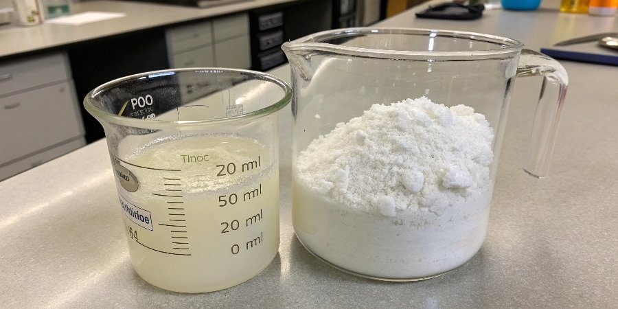 alt with keywords: A side-by-side comparison of a beaker with a gelatinous sludge and a photo of fine, white crystalline powder.
