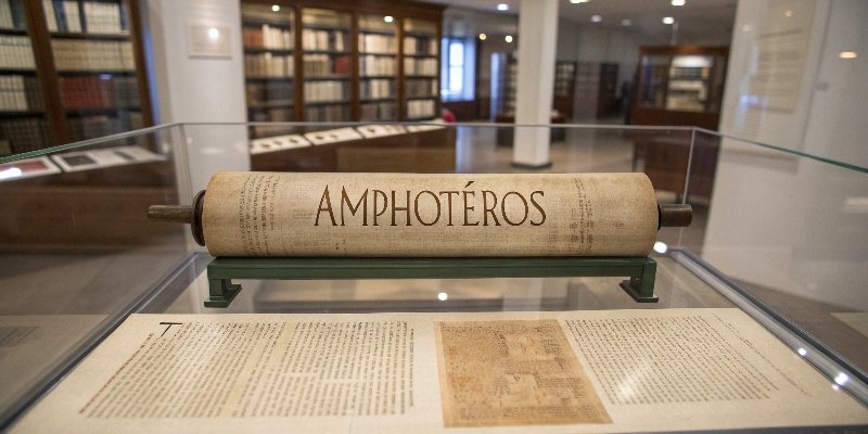 Origin of the word Amphoteric An image of an ancient Greek scroll with the word "amphoteros" highlighted