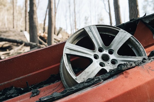 alt with keywords: A melted aluminum wheel rim found in the aftermath of a forest fire