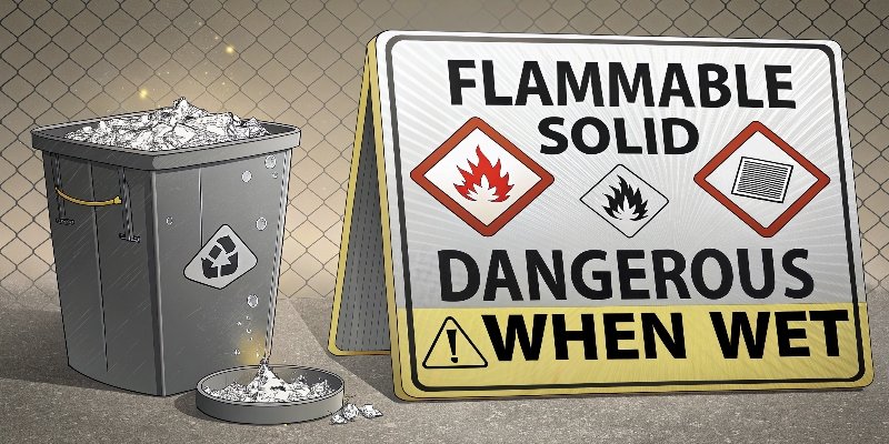Dross is Dangerous When Wet A safety warning sign near a bin of dross, with clear symbols for "Flammable Solid" and "Dangerous When Wet".