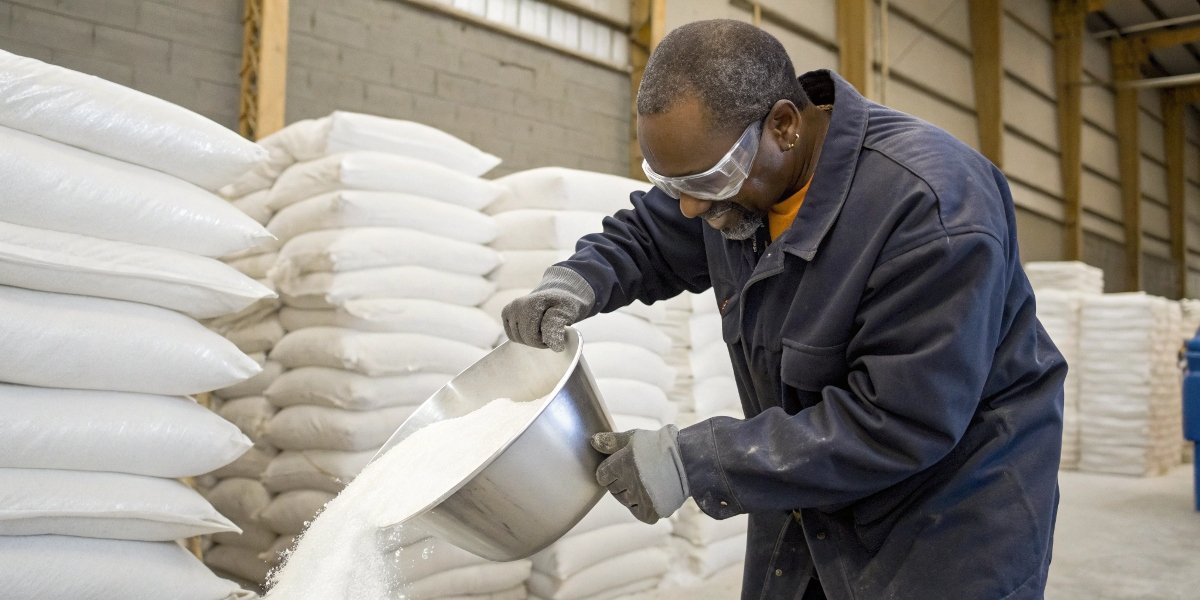 A photo of a worker wearing standard safety glasses and gloves while scooping white aluminum sulfate powder from a bag.