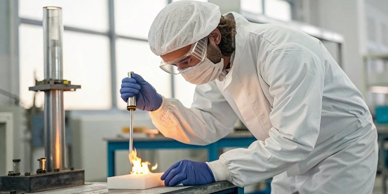 alt with keywords: A lab technician performing a UL 94 vertical burn test on a plastic sample