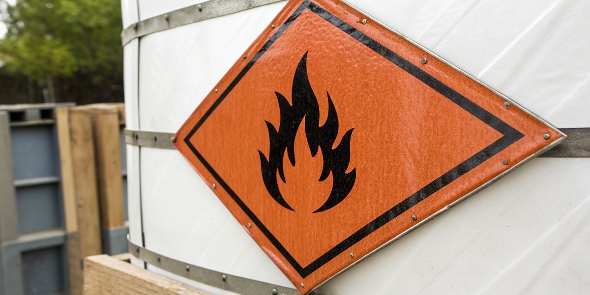 The diamond-shaped UN Class 4 hazard placard, with the flame symbol, indicating a flammable solid.