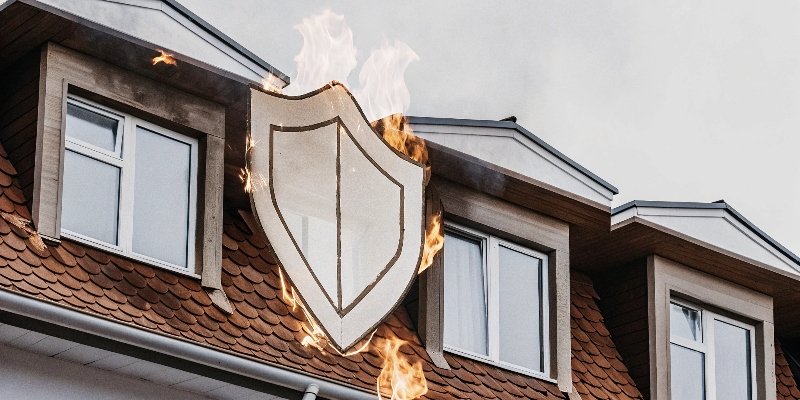A symbolic image of a shield protecting a building from fire icons
