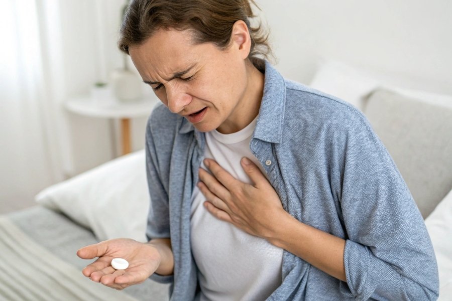 alt with keywords: A person holding their chest with a look of relief after taking an antacid tablet.