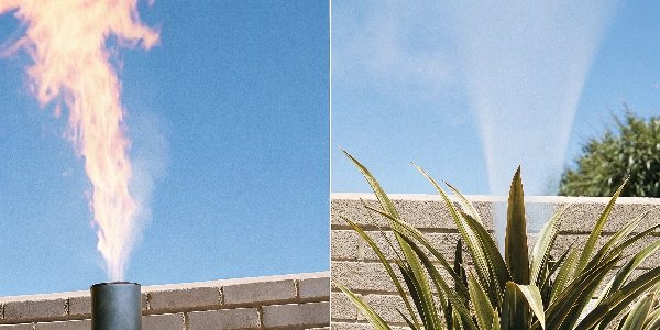 A side-by-side comparison of a regular plastic burning versus a flame retardant plastic charring