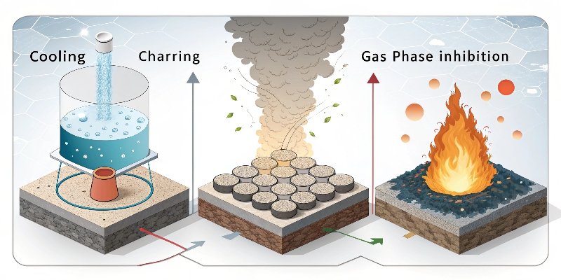 An infographic illustrating the three mechanisms: cooling, charring, and gas phase inhibition