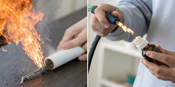 A split image showing a cable on fire on one side and a person taking an antacid on the other