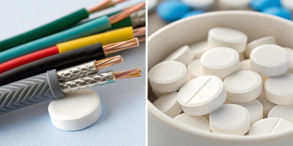 A split view showing antacid tablets on one side and electrical cables on the other, representing the dual uses of aluminum hydroxide