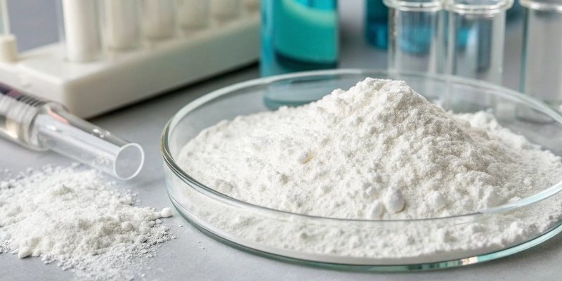 A close-up of white aluminum hydroxide powder in a lab setting