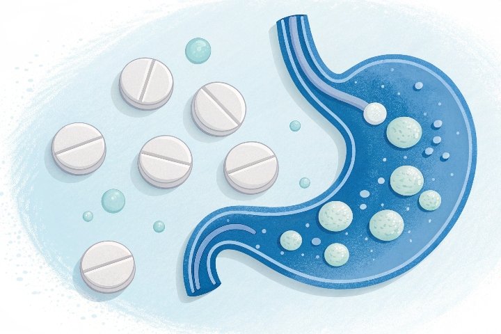Antacid tablets and liquid bottle on a pharmacy shelf