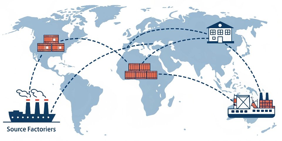 Global Ingredient Supply Chain A global map showing supply chain routes with shipping containers and factory icons