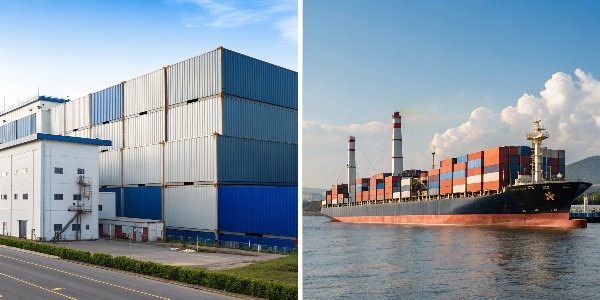 An illustration comparing a factory, a warehouse, and a container ship, representing manufacturer, supplier, and exporter