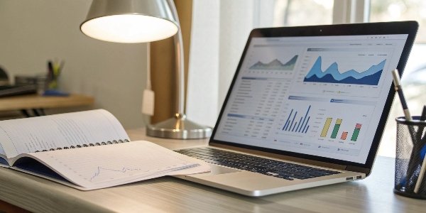 A desk with a computer showing a government statistics website next to a printed market research report