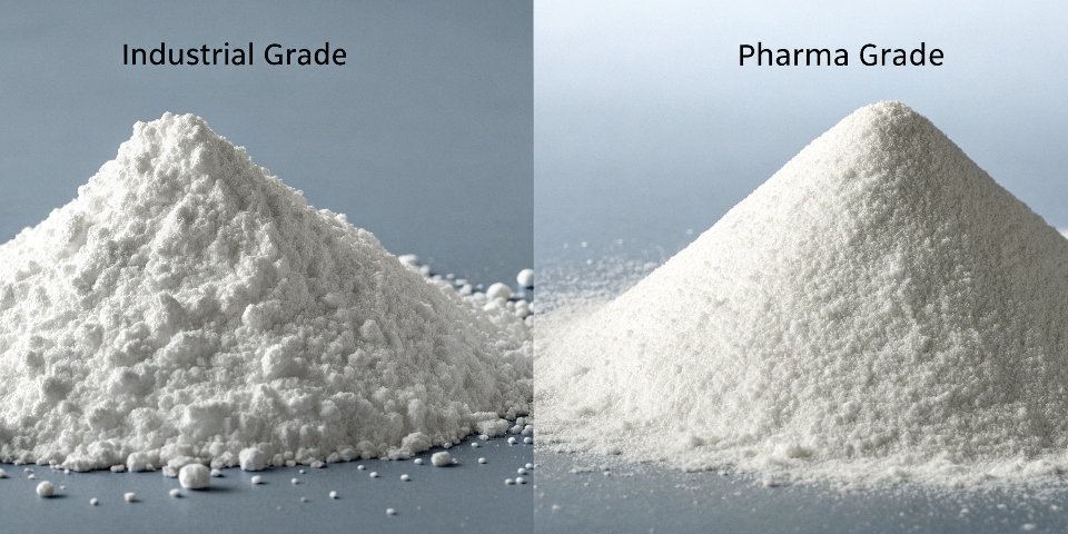 Two piles of white powder, one labeled "Industrial Grade" and the other "Pharma Grade" to show they look similar but are different