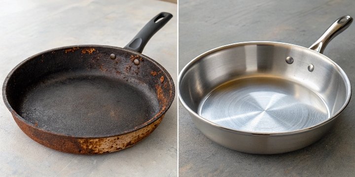 A dull, corroded aluminum pan next to a shiny new one.