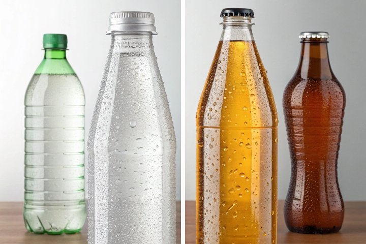 A collage of plastic, aluminum, and glass beverage bottles