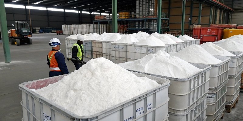 A pile of white low viscosity aluminum hydroxide powder ready for shipping.
