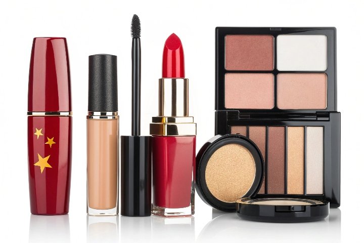 A collage of Maybelline products with a "Made in China" label.