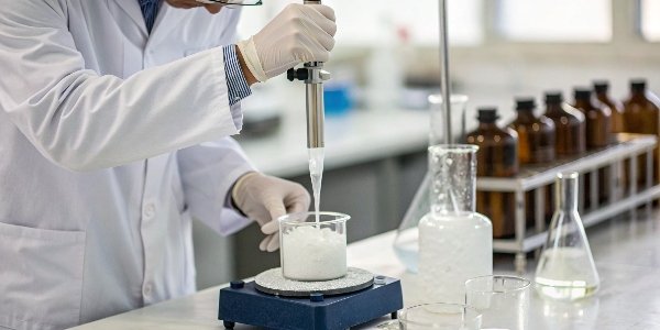 A laboratory technician testing the viscosity of a white powder chemical.