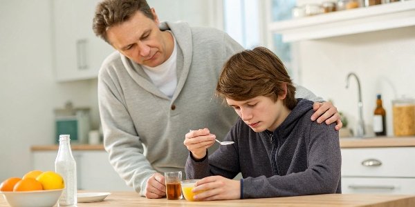 A teenager taking a liquid antacid with a parent looking on reassuringly