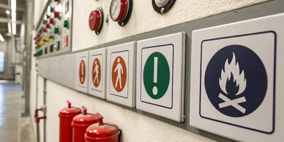 Symbols for different fire classes A, B, C, D, and K on a wall