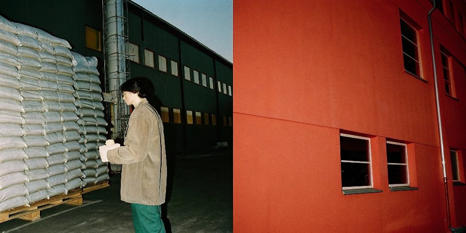 A collage of images: a person ordering online, a large warehouse with pallets of sacks, and a factory exterior