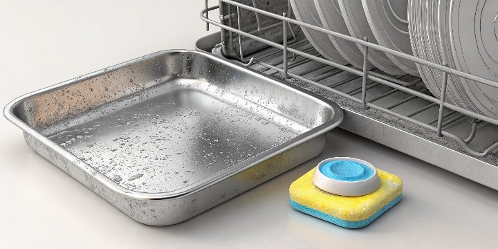 Dishwasher detergent pod next to an aluminum tray showing chemical symbols.