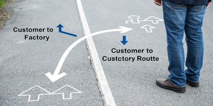 A clear diagram showing a direct path from factory to customer, and another path going from factory to supplier to customer