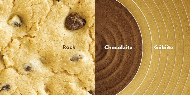 An illustration showing a chocolate chip cookie labeled "Rock (Bauxite)" and a single chocolate chip labeled "Mineral (Gibbsite)"