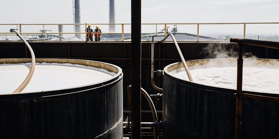 Industrial Uses of Hydroxides An industrial factory setting showing large vats used for chemical processing