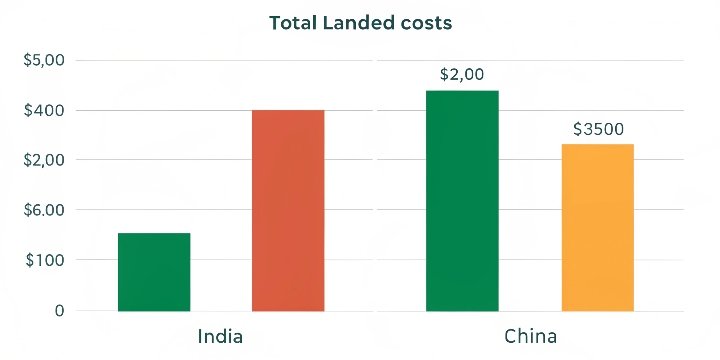 A simple chart comparing the total landed costs from India and China