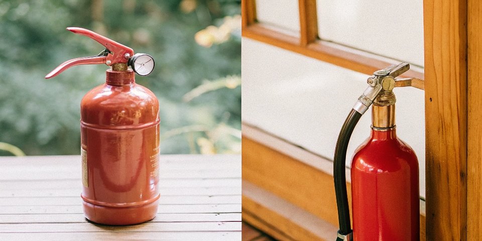An image pairing a medical bottle of antacid liquid with a fire extinguisher to show its two main functions