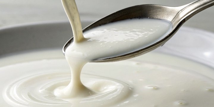 A close-up shot of a smooth, white liquid antacid being poured into a spoon.