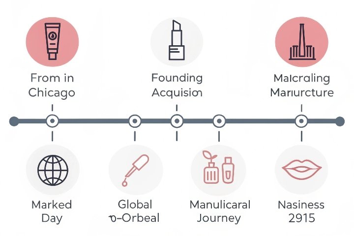 A timeline showing the history of Maybelline, from its founding in Chicago to its acquisition by L'Oréal and its global manufacturing presence.