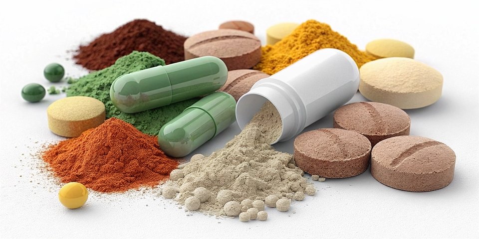 Supplement Ingredients sourcing Close-up of various supplement pills and powders in different colors