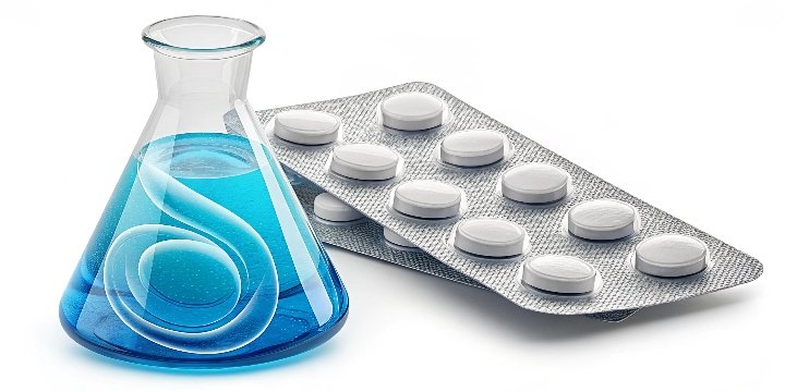 A laboratory flask next to a package of antacid tablets