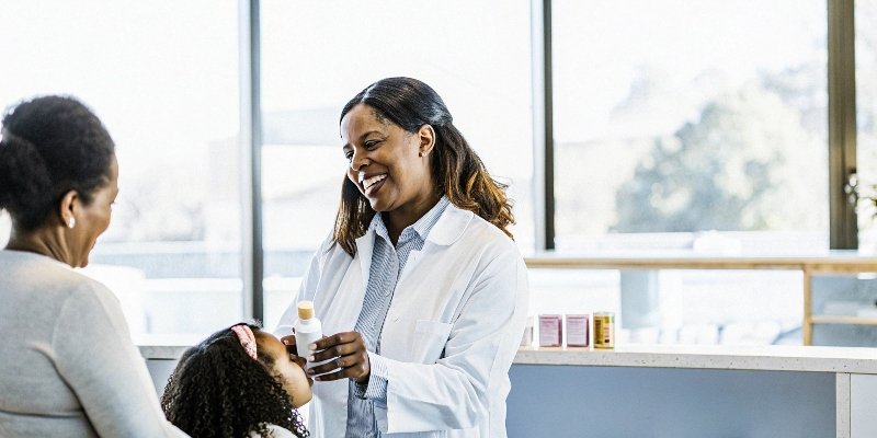 A pharmacist handing a bottle of children's antacid to a parent