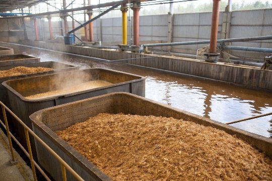 Wood chips being processed into pulp with chemicals