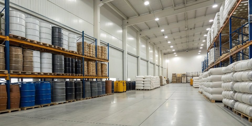 Ingredient Supplier Warehouse A large, clean warehouse with shelves of barrels and bags of raw materials